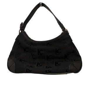 Liz Claiborne Womens Handbag Purse Black Logo Print Medium Silver Detail